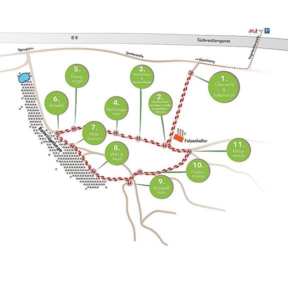 Stationen des Wald-Wild-Lehrpfades im Stadtwald Fürth